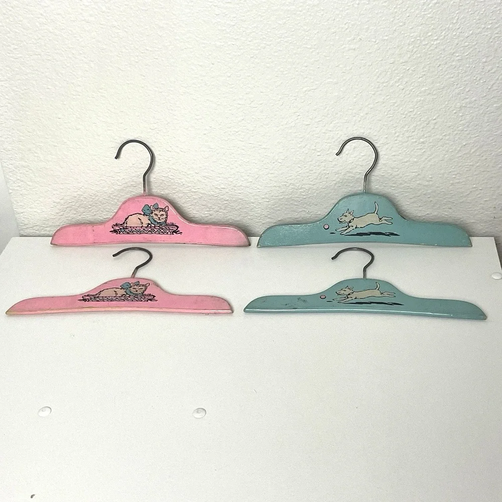 4 Vintage Wooden Child's Hangers Blue Scottie Dog & Pink Cat 1930s